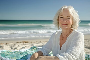 Senior woman enjoying relaxing sunny day at beach on vacation