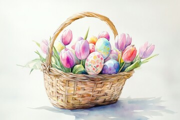 Wall Mural - Watercolor painting showcasing a wicker basket filled with vibrant easter eggs and fresh tulips, a cheerful representation of spring and easter festivities