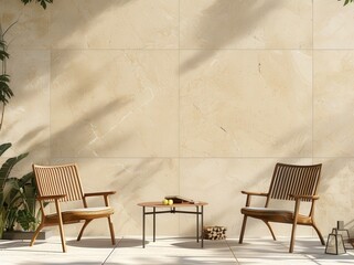 A minimalistic patio with two wooden chairs. a coffee table. and a large beige marble wall in the background Sunlight casts shadows on the wall