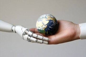 Robot s Arm Holding Holographic Earth Symbolizing AI s Global Impact