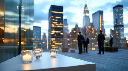 Elegant rooftop gathering with city skyline at dusk, AI