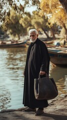 An older Middle Eastern man stands by the river, watching boats glide by