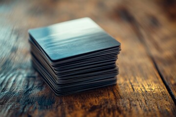 Poster - A stack of cards rests on a rustic wooden table. The contrasting textures of smooth cards and rough wood create a striking visual. This image captures simplicity and elegance. AI