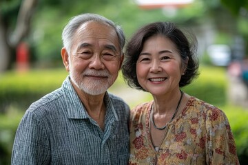 elderly healthy asian couple smile and relax in the park together, Generative AI