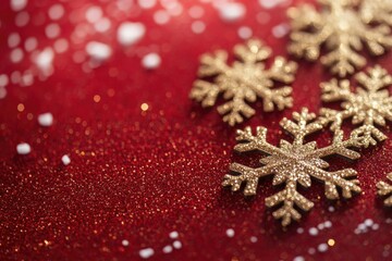 Poster - Golden snowflakes decorations on sparkling red background creating a festive christmas atmosphere