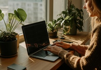 Poster - Freelancer working remotely typing on laptop keyboard, enjoying natural light and indoor plants