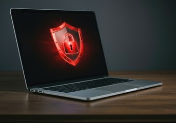Poster - laptop displaying glowing red shield and padlock icon, symbolizing cybersecurity and data protection