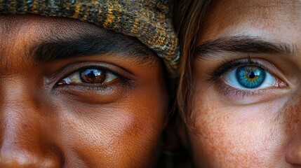 Close-up of two people's eyes, one brown and one blue, looking at the camera.