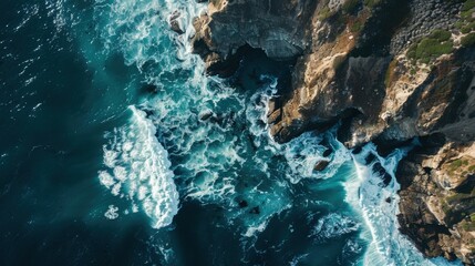 Aufkleber - A stunning view of the dramatic cliffs and surf of the Big Sur coastline with crashing waves and rugged natural beauty, coastal setting with deep blues and earthy tones, Big Sur style