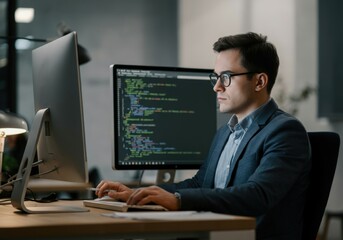 Poster - Young programmer concentrating on his work, typing on a keyboard and looking at a computer screen displaying lines of code