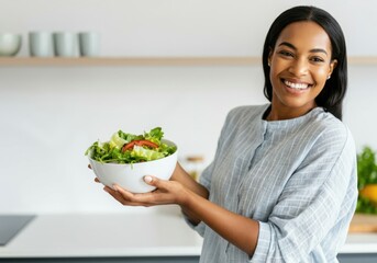 Smiling woman enjoying healthy lifestyle, holding a bowl of fresh salad in a modern kitchen