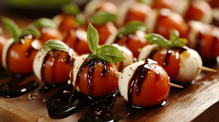 A close-up of mini Caprese skewers featuring cherry tomatoes, mozzarella balls, and fresh basil leaves, drizzled with balsamic glaze, arranged neatly on a rustic wooden board,