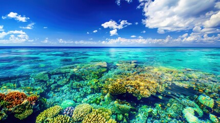 Poster - A stunning view of the Great Barrier Reef with colorful coral formations and clear blue water, vibrant setting with bright sunlight, Marine style