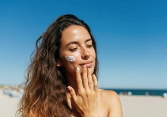 Wall Mural - Young woman applying sunscreen protection cream on her face at the beach on a sunny day