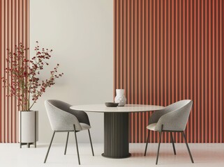 Minimalist dining room interior with round table. chairs. and red plant in a white pot against a white and orange striped wall