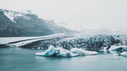 Aufkleber - A stunning view of the majestic glaciers and rugged terrain of Iceland with dramatic ice formations and volcanic landscapes, glacial setting with cool blues and dark grays, Iceland style