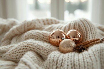 Wall Mural - copper christmas baubles and cinnamon sticks create a cozy holiday scene on a warm beige knitted bla