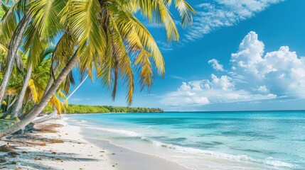 Poster - A stunning view of the pristine beaches and turquoise waters of the Caribbean with palm trees swaying gently in the breeze under a bright, sunny sky, tropical setting with vibrant blues and greens