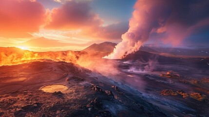 Poster - A stunning view of the volcanic landscape of Iceland with steam rising from geothermal vents and black lava fields contrasting against the backdrop of a vibrant sunset