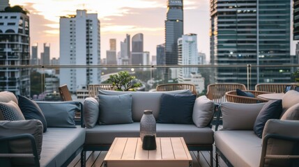 Poster - A stylish urban rooftop bar with panoramic city views and elegant seating arrangements, modern setting with chic decor, Urban style