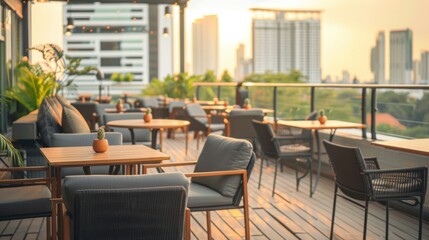 Poster - A stylish urban rooftop bar with panoramic city views and elegant seating arrangements, modern setting with chic decor, Urban style