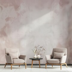 Two beige armchairs with wooden legs face each other in front of a small round coffee table with a vase of dried flowers The wall behind is painted in a light pink color with a subtle marbled effect a