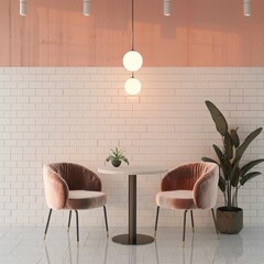 A cozy and modern seating area with two plush velvet chairs and a round table in a minimalist setting with white brick wall and a pink wall