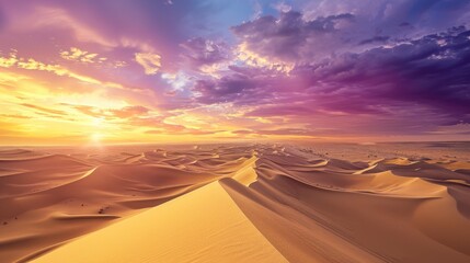 Aufkleber - A sweeping view of the vast Sahara Desert with endless golden sand dunes and a dramatic sunset sky, desert setting with warm golds and cool purples, Sahara style