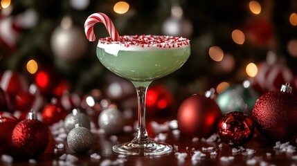 Canvas Print - Festive green cocktail with a candy cane and peppermint sprinkles surrounded by colorful ornaments on a holiday-themed table setting during a winter celebration