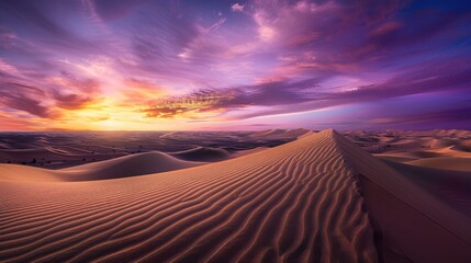 Aufkleber - A sweeping view of the vast Sahara Desert with endless golden sand dunes and a dramatic sunset sky, desert setting with warm golds and cool purples, Sahara style