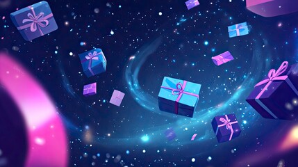 <cartoon> azure background in a technological and space style and in the center some laptop realistic, gift packages and coupons falling from the sky generative ai