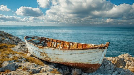  A weathered, white boat sits on the rocky shore of a calm, blue sea under a partly cloudy sky.