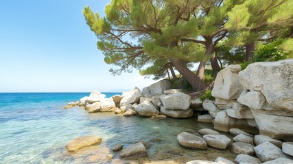 Sticker - Tranquil beach scene with a lush green tree and white rocks.