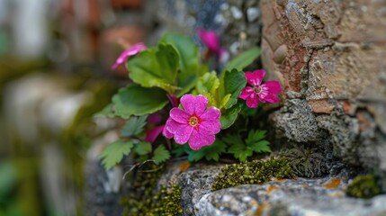 A pink flower grows out of a crack in an old stone wall