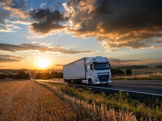 Wall Mural - white truck driving on the asphalt road in rural landscape at a dramatic sunset