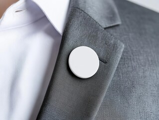 Minimalist blank pin button mockup on the lapel of a charcoal grey suit, focus on the pin for logo design placement, pin button, formal