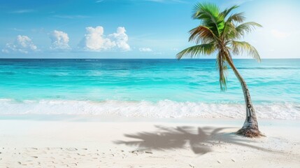 Wall Mural - A tranquil beach scene in the Seychelles with turquoise waters, white sand, and a single palm tree