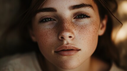 Wall Mural - A close-up portrait of a young girl with freckles, gazing softly at the camera surrounded by natural light during a serene afternoon outdoors