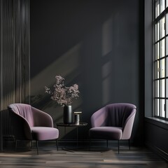 Two plush purple armchairs facing each other in a minimalist living room with a large window. a black vase with dried flowers. and a round glass table