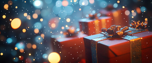 Magical holiday gift boxes with sparkling bokeh background. Festive Christmas presents, dreamy atmosphere for seasonal designs