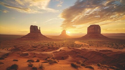 Aufkleber - A tranquil desert sunset in Monument Valley with iconic rock formations and a serene sky, dramatic setting with warm, golden tones