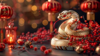 gold snake with red accents, symbolizing Chinese New Year 2025 . ai generated