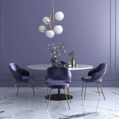 Modern dining room with purple walls. a white round table. four velvet chairs with golden legs. and a gold and white chandelier