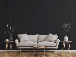 A modern living room interior with a white sofa. two end tables. and a coffee table against a black wall