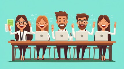 Five happy office workers are sitting at a table with their laptops and smiling. They are all wearing business casual attire and have a positive attitude.