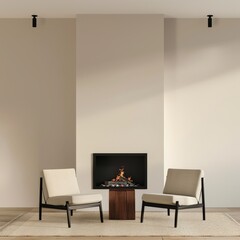 Minimalist living room interior with two armchairs facing a fireplace with a burning fire