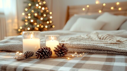 Cozy Christmas table with plaid tablecloth, pinecones, fairy lights, nostalgic charm