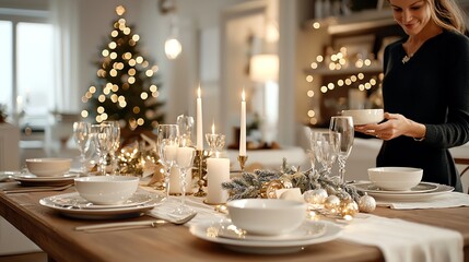 Elegant Christmas table with vintage decor, candlelight, holiday warmth