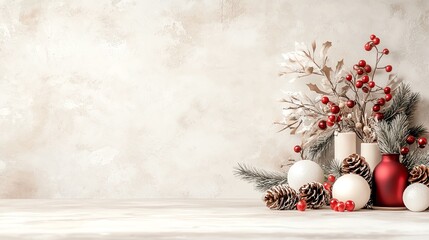 Elegant holiday table, red and white decor, pine wreath centerpiece, winter warmth