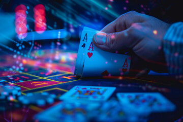 A hand reveals two aces at a colorful casino table filled with chips and cards. The vibrant atmosphere captures the thrill of a late-night game